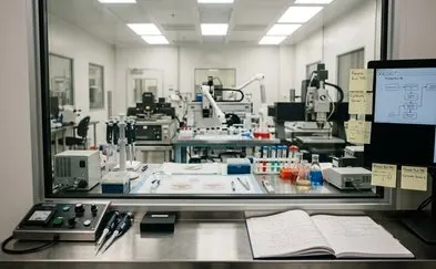 Manufacturing technician reviewing automated production equipment